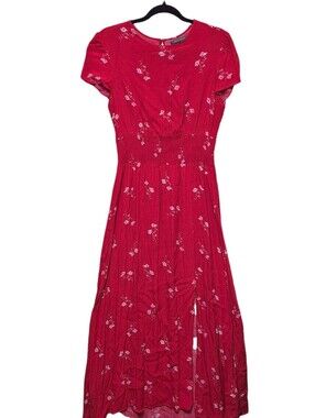 Suzy Shier Cherry Red Floral Maxi Dress with Smocked Waist